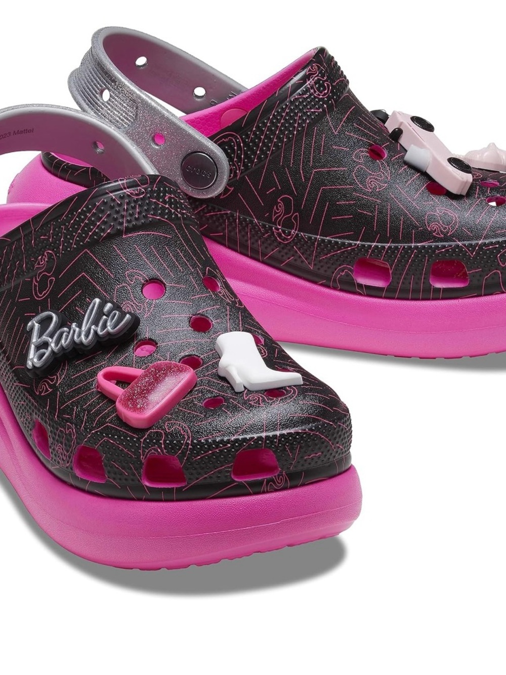 CROCS Barbie Black & Hot Pink Platform Clogs with Charms